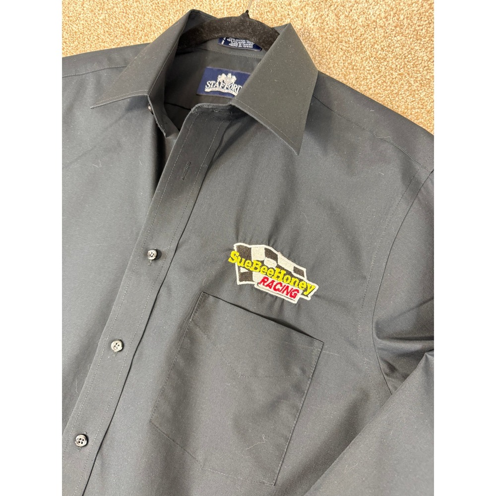 Stafford Mens Black Button Down Shirt Sue Bee Honey Racing 15.5 32-33 Promo‎